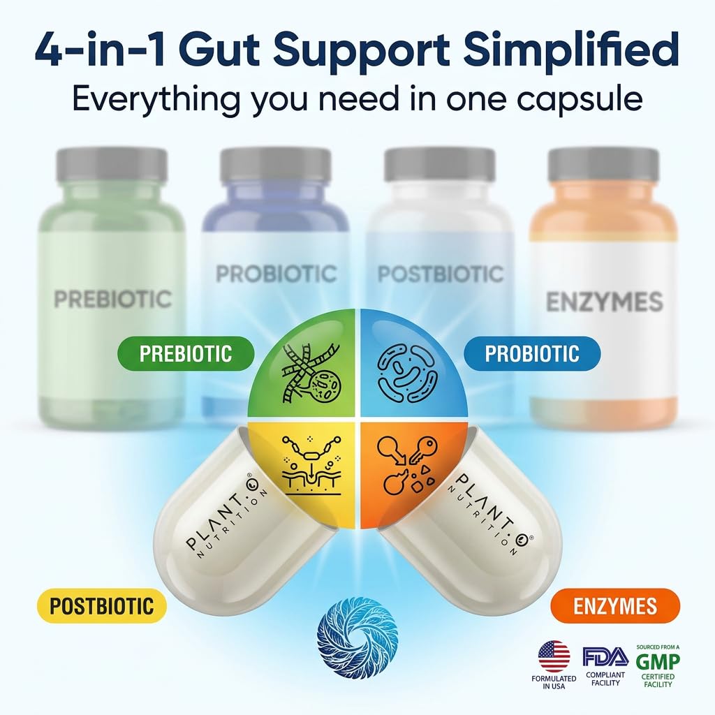 4-in-1 Gut Health Support – Prebiotics + Probiotics + Postbiotics + Digestive Enzymes – DE111 Spore Probiotic for Digestive Support & Bloating - FENGGESTORE20