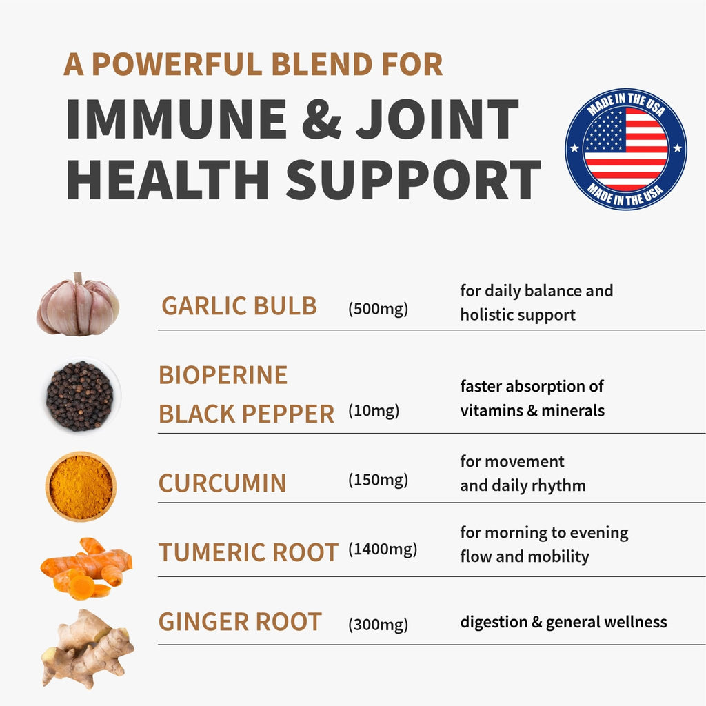 4-in-1 Turmeric Joint Support Supplements with Garlic and BioPerine - 2360 mg High Potency Herbal Blend for Mobility, Everyday Flexibility, Digestive Comfort - FENGGESTORE20