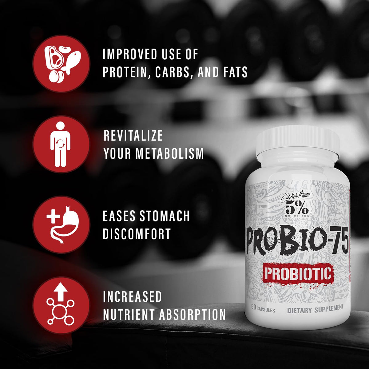 5% Nutrition Rich Piana Probio-75 Billion CFUs | Vegan, 14 Unique Strains - FENGGESTORE20