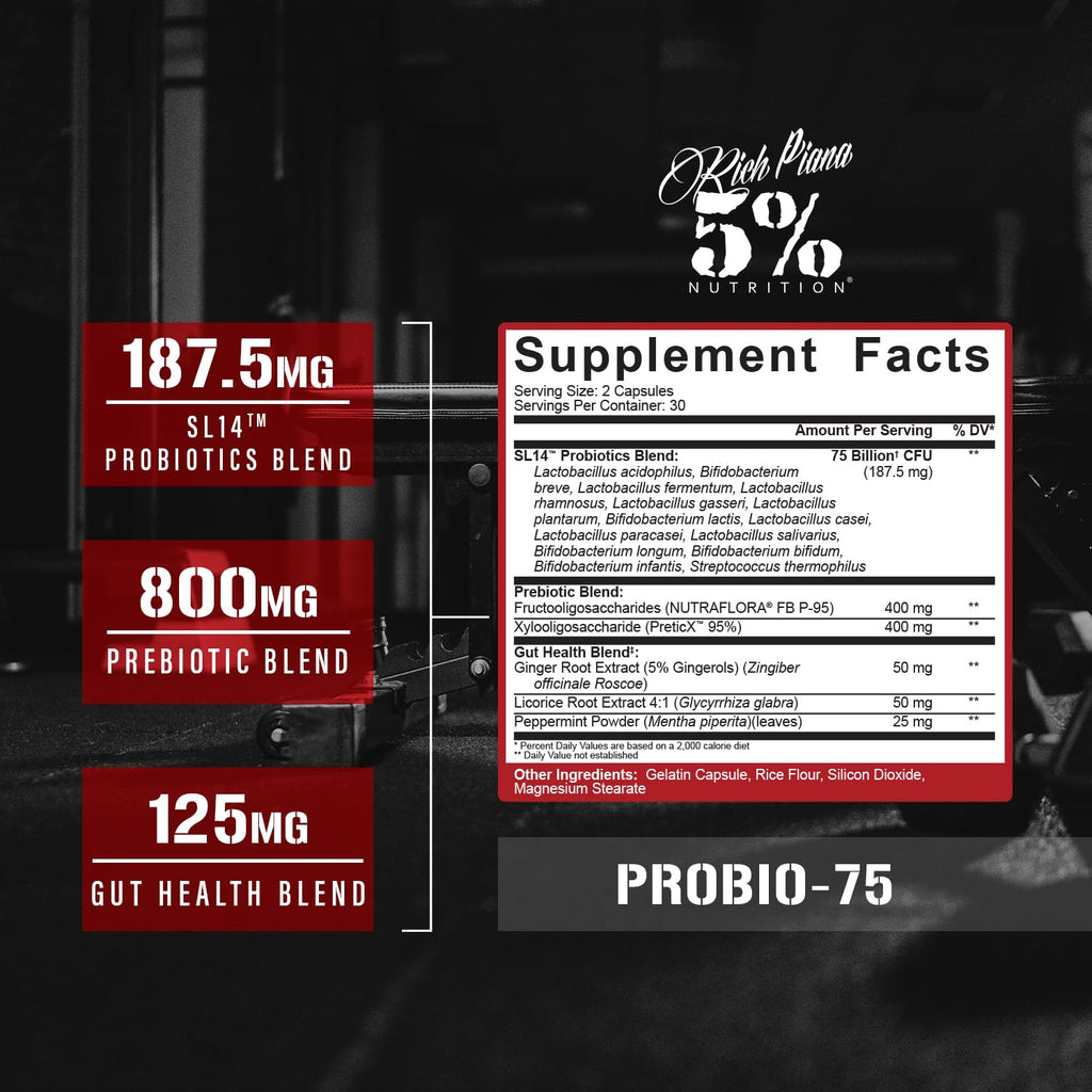 5% Nutrition Rich Piana Probio-75 Billion CFUs | Vegan, 14 Unique Strains - FENGGESTORE20