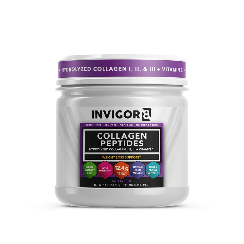 INVIGOR8 Collagen Peptides Powder Hydrolyzed with Vitamin C Type I, II, & III Unflavored Non-GMO Grass-Fed Supplement Supports Joints, Skin,