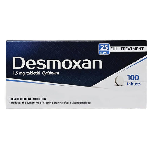 Desmoxan packaging for nicotine addiction treatment on a white background
