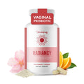 Vaginal probiotic supplement bottle with ingredients on a white background