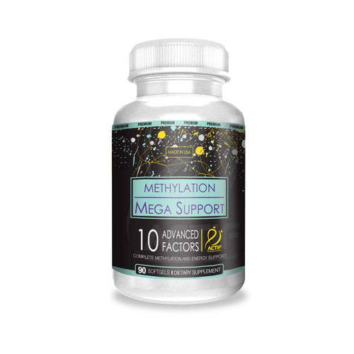Supplement bottle labeled 'Methylation Mega Support' on a white background