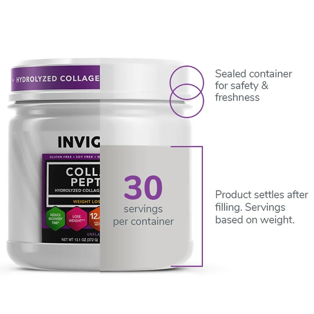 INVIGOR8 Collagen Peptides Powder Hydrolyzed with Vitamin C Type I, II, & III Unflavored Non-GMO Grass-Fed Supplement Supports Joints, Skin,