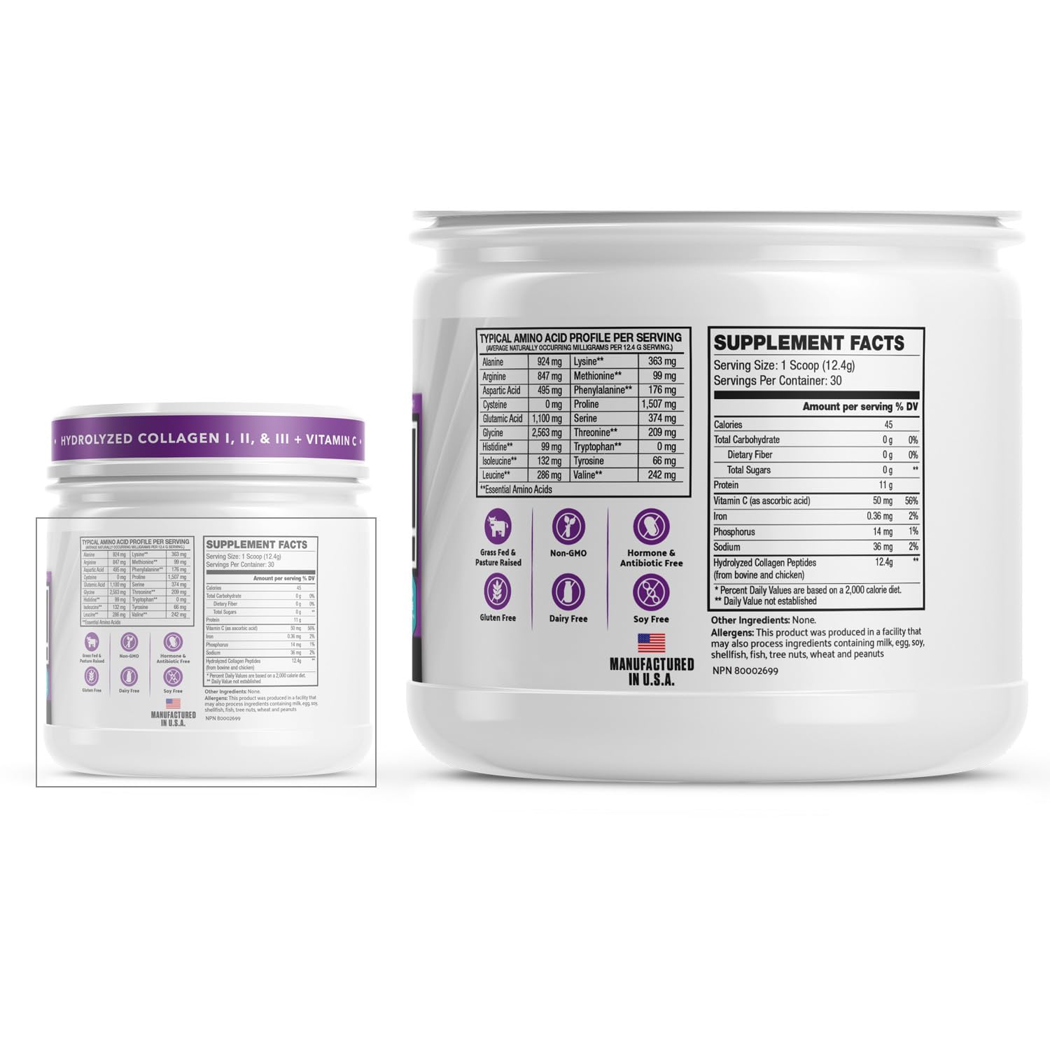 INVIGOR8 Collagen Peptides Powder Hydrolyzed with Vitamin C Type I, II, & III Unflavored Non-GMO Grass-Fed Supplement Supports Joints, Skin,