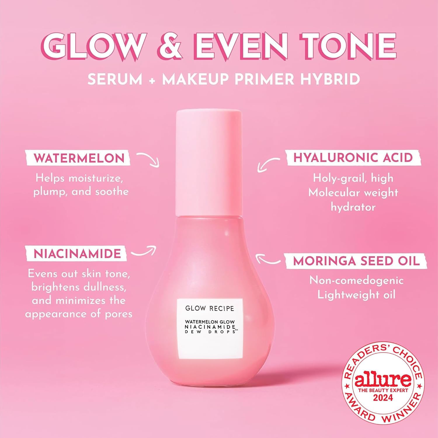 Glow Recipe Watermelon Niacinamide Dew Drops, Korean Niacinamide Serum Drops, Hydrating Face Serum + Primer & Liquid Highlighter,