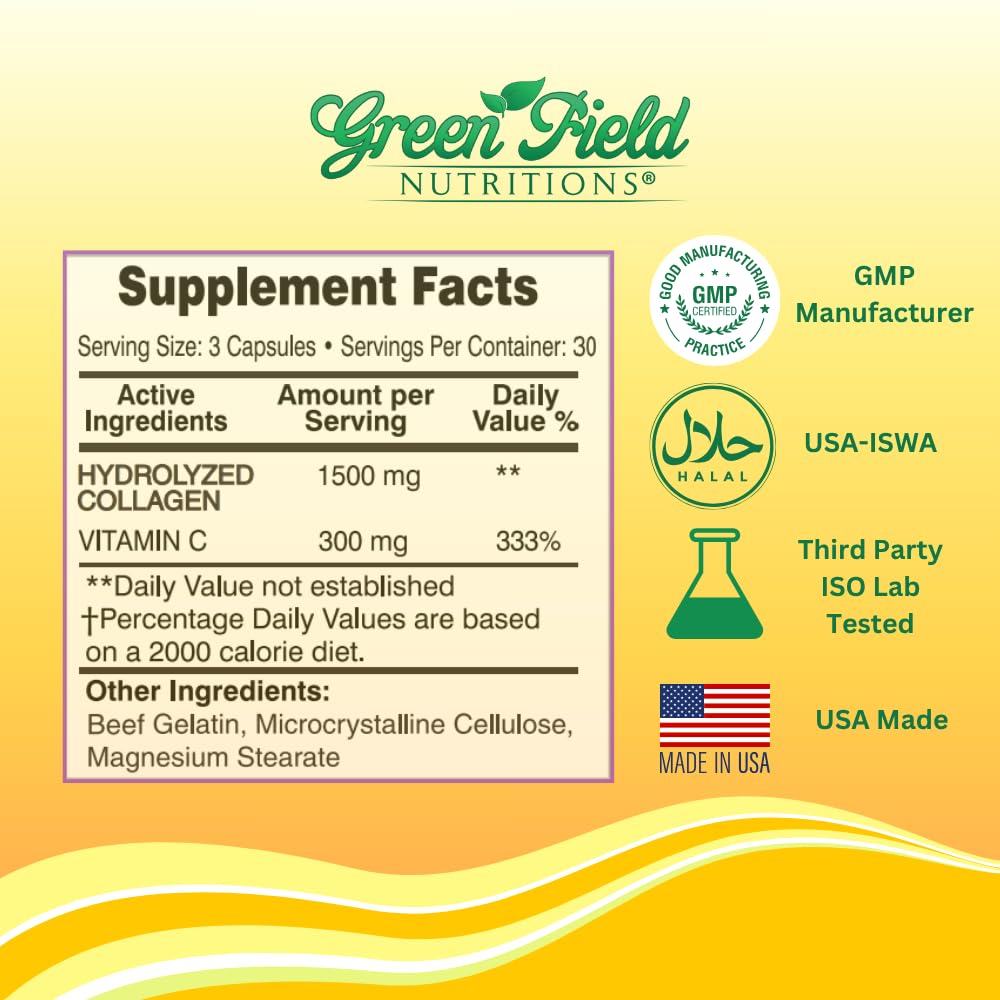 Greenfield Nutritions - Halal Collagen Peptides 1500 mg Type I & III, with Vitamin C 300 mg for Better Absorption, Anti-Aging Formula for Hair, Skin, Nails & Joints, Halal Vitamins, 90 Capsules GREEN FIELD NUTRITIONS buy supplements Au