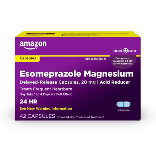 Amazon Basic Care Esomeprazole Magnesium packaging on a white background