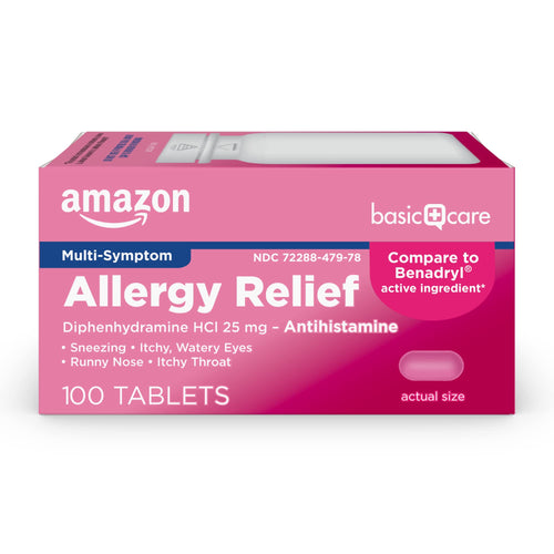 Amazon Basic Care Allergy Relief Diphenhydramine HCl 25 mg, Antihistamine Tablets for Symptoms Due to Hay Fever and Upper Respiratory Allergies, Mini-Tabs, 100 Count Amazon Basic Care buy supplements Au