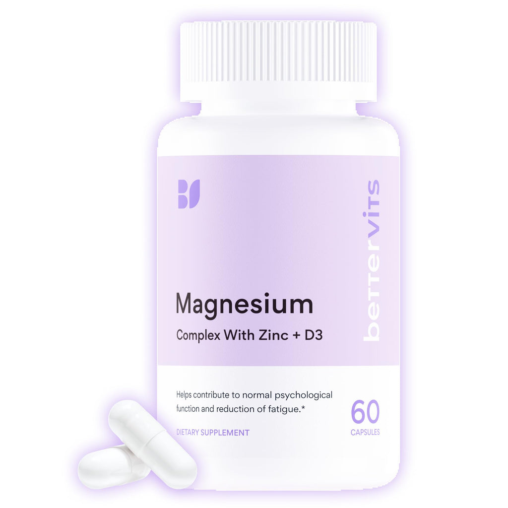 Vitamins package labeled 'Magnesium Complex with Zinc + D3' by bettervits on a white background