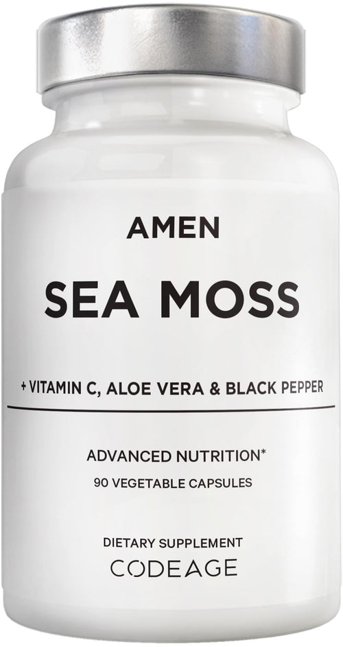 Supplement bottle labeled 'Amen Sea Moss' with vitamins on a white background