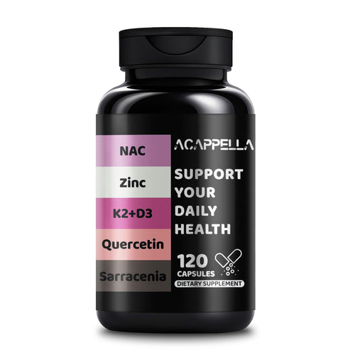 Black supplement bottle labeled 'Acappella' with health benefits listed on a white background