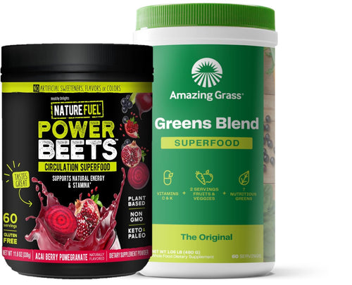 Two supplement containers, one labeled 'Power Beets' and the other 'Greens Blend', on a white background.