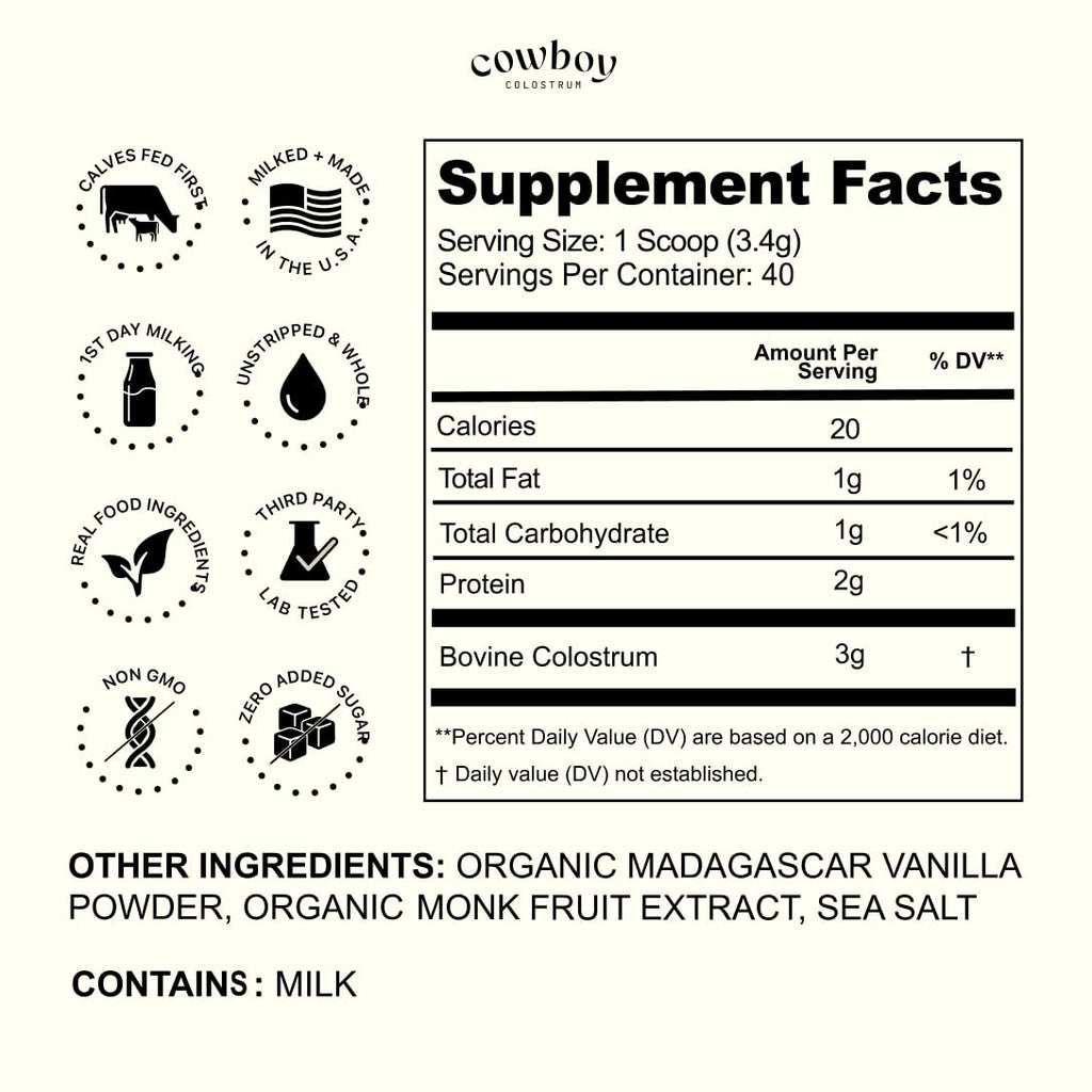 Cowboy - The Exclusive 1st Milking, Whole, Grass Fed Colostrum Supplement for Full Body Health - Bovine Colostrum Powder Packed w/Bioactive Nutrients