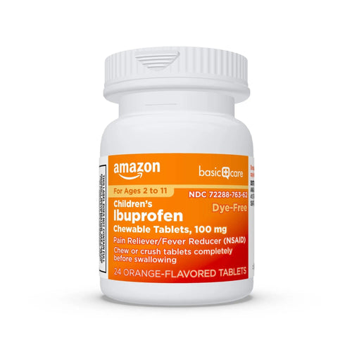 Amazon Basic Care Children's Ibuprofen Chewable Tablets 100 mg, Orange Flavor, Dye Free, Pain Reliever and Fever Reducer (NSAID), For Ages 2-11, 24 Count Amazon Basic CareBuy Supplements Australia