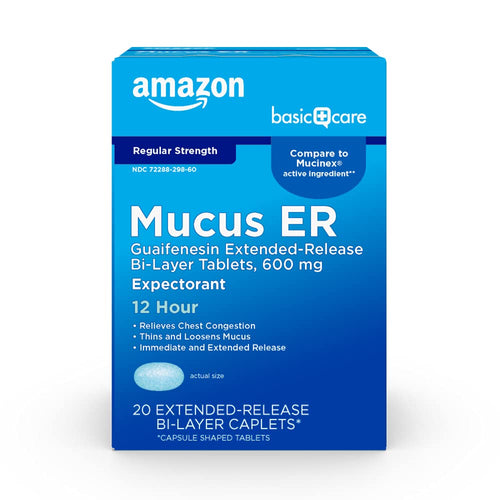 Amazon Basic Care Mucus ER medication box on a white background
