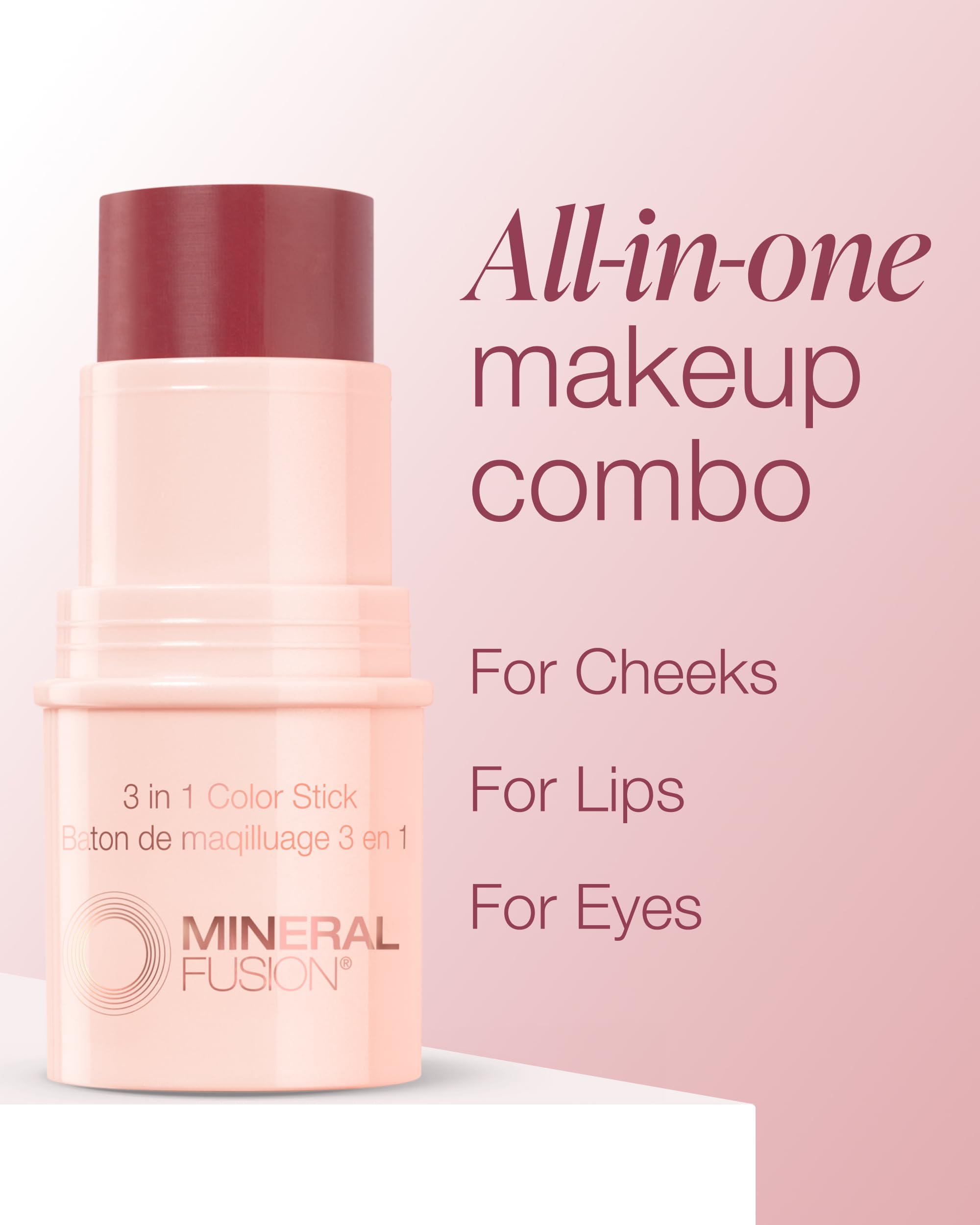 Mineral Fusion 3-in-1 Color Stick - Hydrating Tinted Cream Blush for Cheeks, Lip and Eye - Natural Multi Use Makeup (Berry Glow)