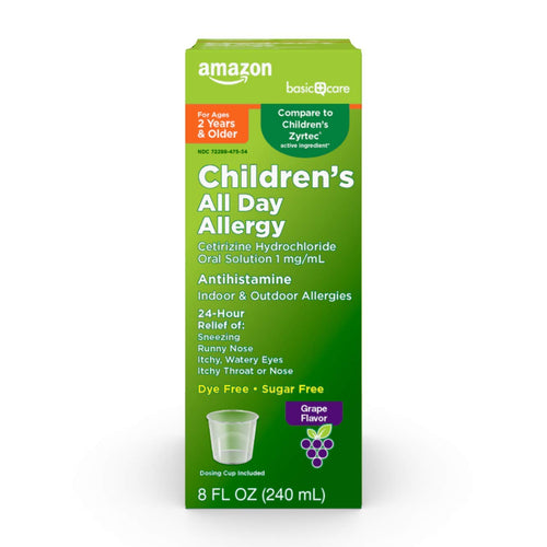 Amazon Basic Care 24 Hour Allergy Relief for Children, Cetirizine Hydrochloride Oral Solution 1 mg/mL, Grape Flavor, Dye Free, 8 fl oz (Pack of 1) Amazon Basic Care buy supplements Au