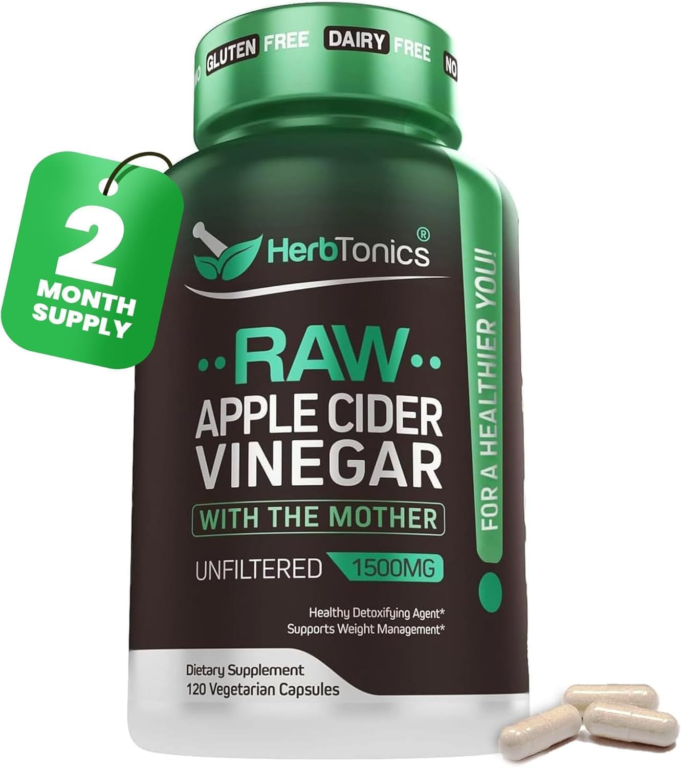 Herbtonics Raw Apple Cider Vinegar Capsules 1500mg with Mother | Detox & Digestion Formula | Unfiltered ACV for Metabolic Support | 120 Vegan Capsules