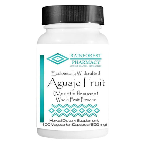 Supplement bottle labeled 'Rainforest Pharmacy' with 'Aguaje Fruit' on a white background