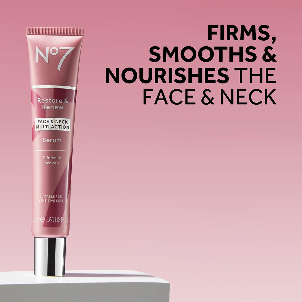 No7 Restore & Renew Multi Action Serum for Face & Neck - Anti Aging Serum for Neck Firming and Tightening - Infused with Hydrating Collagen Peptides