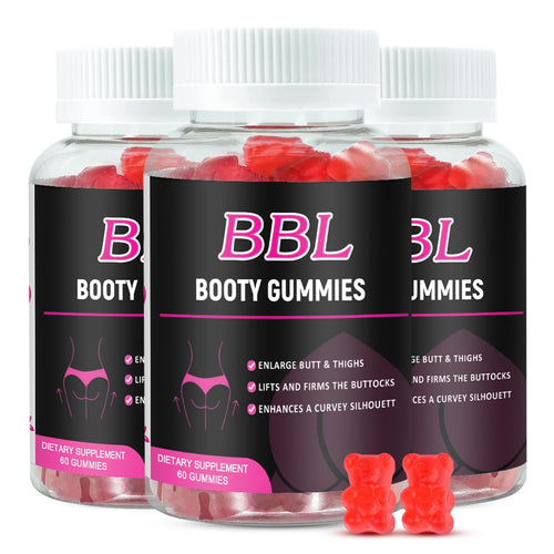Three bottles of BBL Booty Gummies with red gummy bears on a white background