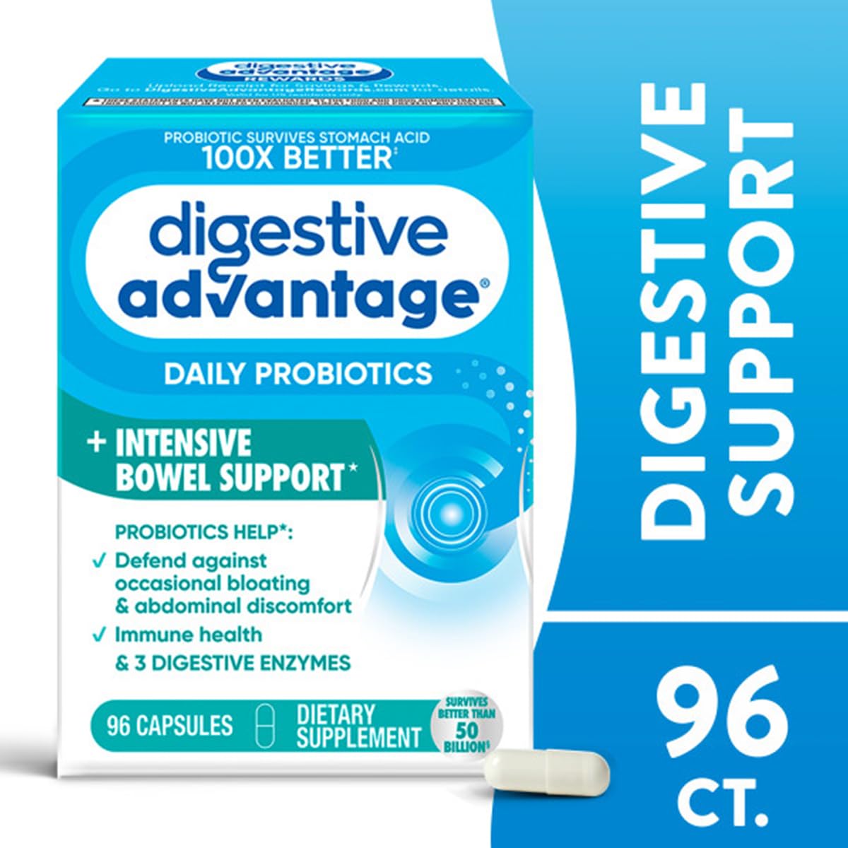 Digestive Advantage IBS Probiotics for Digestive Health & Intensive Bowel Support for Women & Men with Digestive Enzymes, Occasional Bloating & Gut Health, 96 Count Capsules (Pack of 2)