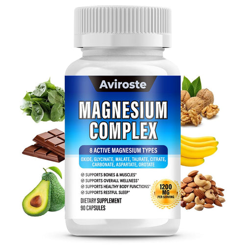Supplement bottle labeled 'Magnesium Complex' by Aviroste with health benefits listed on a white background.