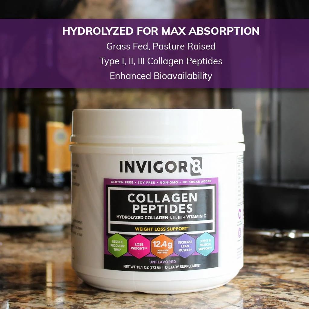 INVIGOR8 Collagen Peptides Powder Hydrolyzed with Vitamin C Type I, II, & III Unflavored Non-GMO Grass-Fed Supplement Supports Joints, Skin,
