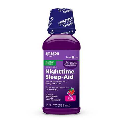 Amazon Basic Care Nighttime Sleep-Aid Liquid for Adults, Helps Fall Asleep Fast, Diphenhydramine HCl 50 mg, Mixed Berry Flavor, 12 fl oz (Pack of 1) Amazon Basic Care buy supplements Au