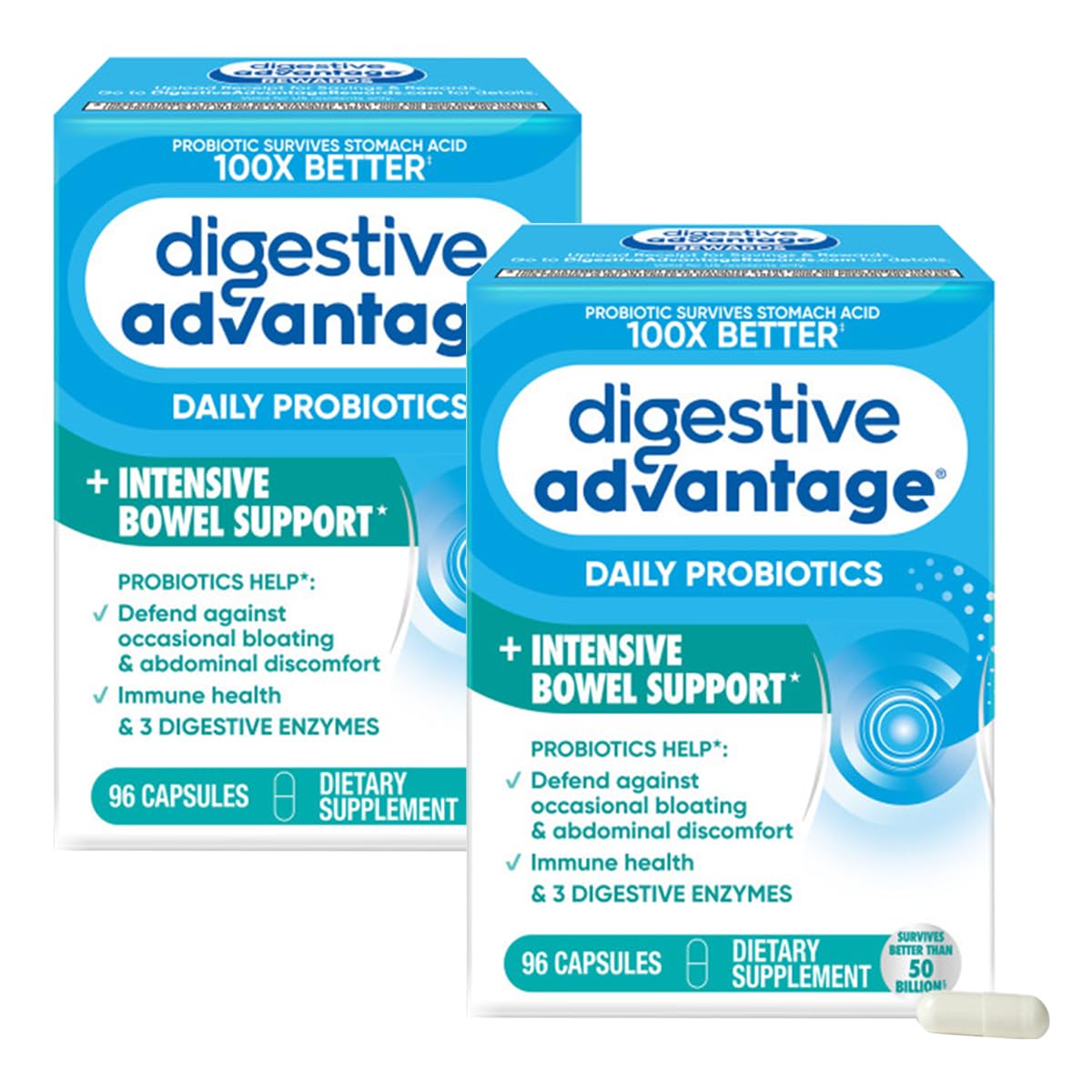 Digestive Advantage IBS Probiotics for Digestive Health & Intensive Bowel Support for Women & Men with Digestive Enzymes, Occasional Bloating & Gut Health, 96 Count Capsules (Pack of 2)