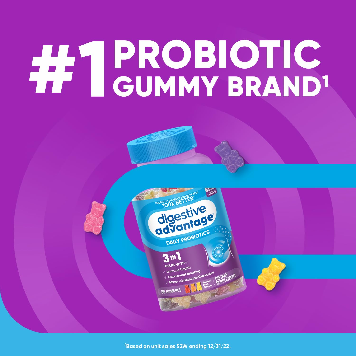 Digestive Advantage Probiotic Gummies For Digestive Health, Natural Fruit Flavors Vitamin D, Daily Probiotics For Women &Men Occasional Bloating, Minor Abdominal Discomfort & Gut Health, 80ct (2 Pack)