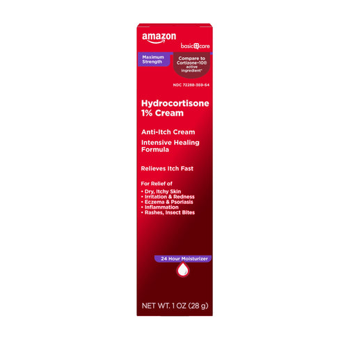 Amazon Basic Care Hydrocortisone 1% Cream packaging on a white background
