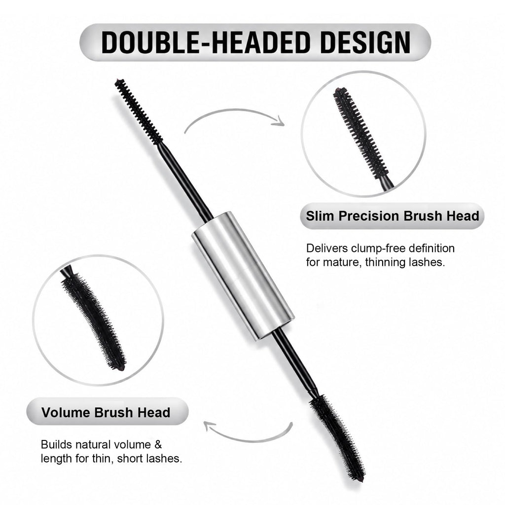Tubing Mascara for Older Women 60 Plus, Double Ended Black Mascara, Lengthening Volumizing 2-in-1 Mascara for Short Multi-layered Lashes, Smudge Proof Easy Warm Water