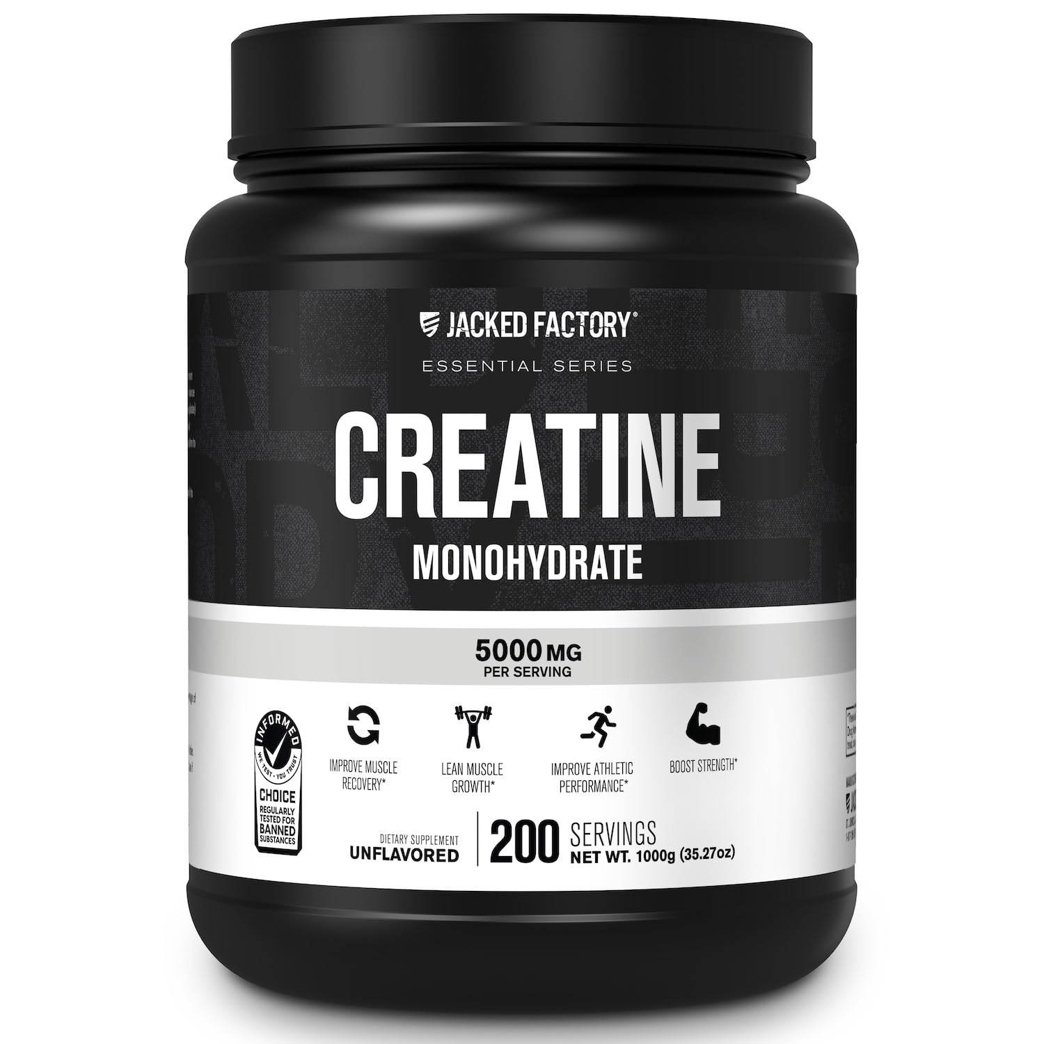 Jacked Factory Creatine Monohydrate Powder 1000g - 5g Daily Creatine Supplement for Men and Women, Vegan-Friendly,