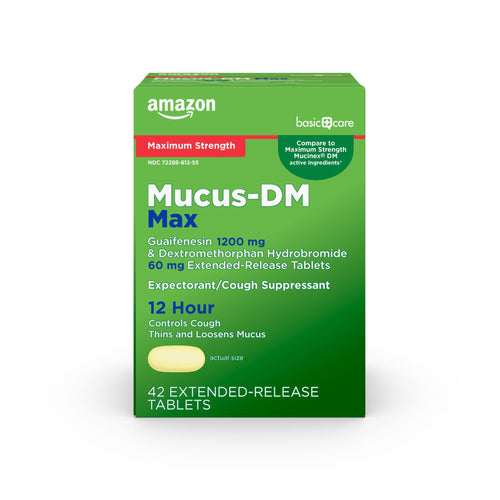 Green box of Mucus-DM Max tablets with Amazon branding on a white background