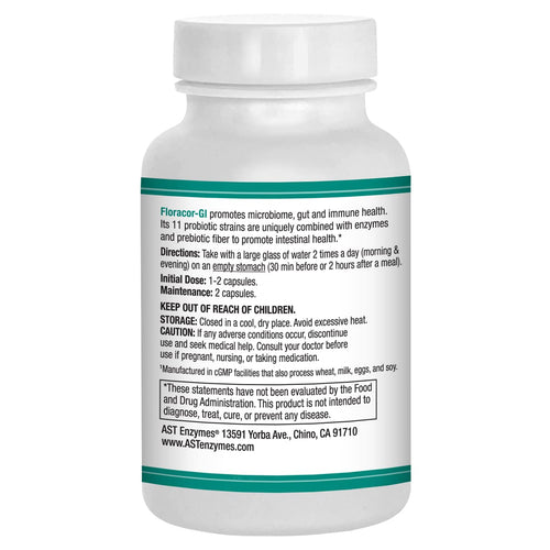 AST Enzymes Floracor - Supports Gut & Intestinal Health - Premium Probiotic, Prebiotic and Enzyme Formula - 60 Vegetarian Capsules