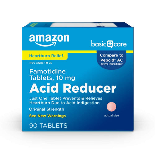 Amazon Basic Care Acid Reducer tablet box on a white background