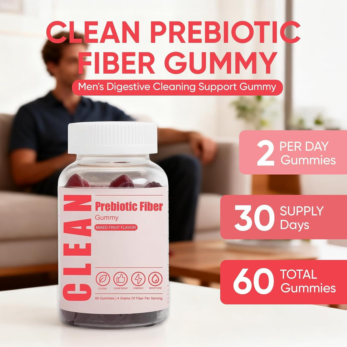 6525080 Clean Prebiotic Fiber Gummy, Clean Fiber Gummies for Men, Men Prebiotic Supplement for Digestive Gut Health, Non-GMO, 60 Gummies - FENGGESTORE20