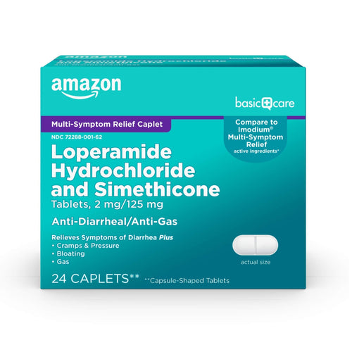 Amazon Basic Care Loperamide Hydrochloride and Simethicone packaging on a white background
