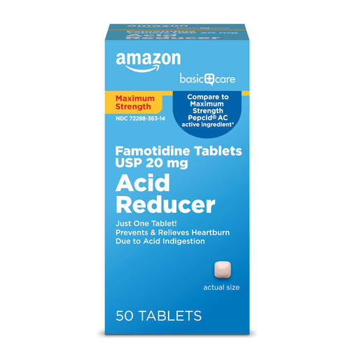 Amazon Basic Care Famotidine Tablets USP 20 mg Acid Reducer packaging on a white background