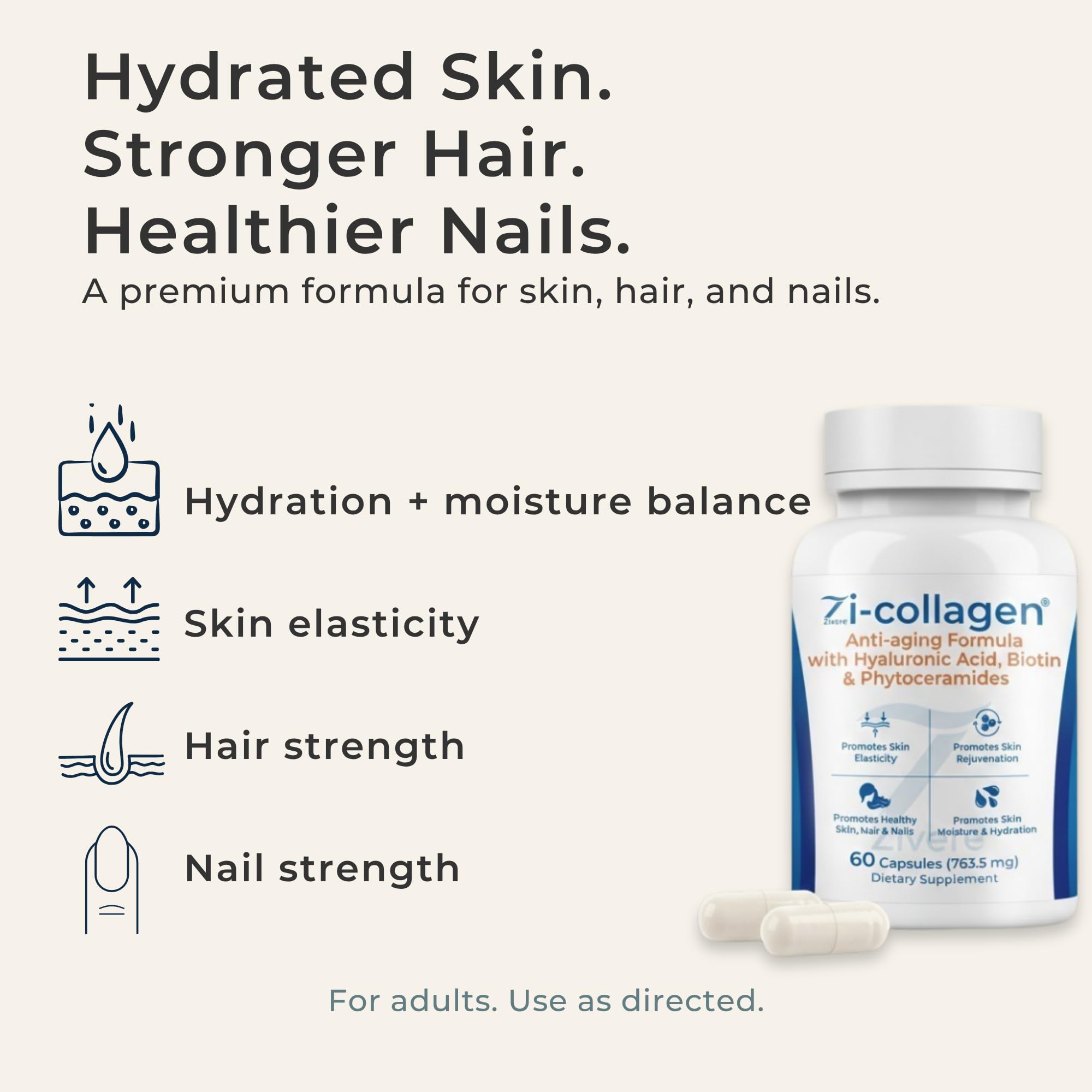 Zi-Collagen Marine Collagen Capsules for Skin, Hair & Nails Support – with Phytoceramides, Hyaluronic Acid, Biotin & Vitamins A C D3 E – 60 Capsules Zivere buy supplements Au
