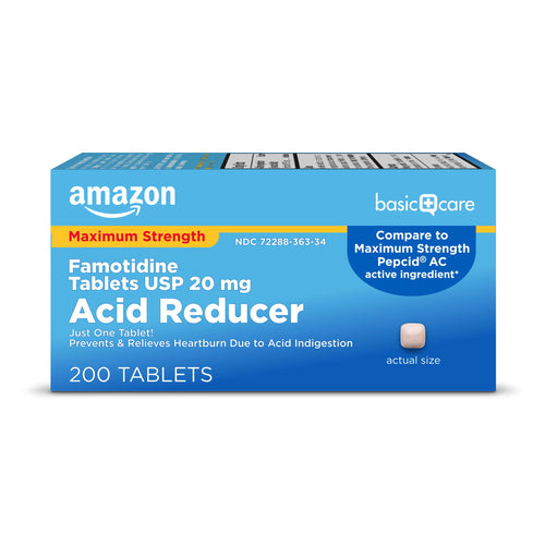 Box of Amazon Basic Care Acid Reducer Tablets on a white background