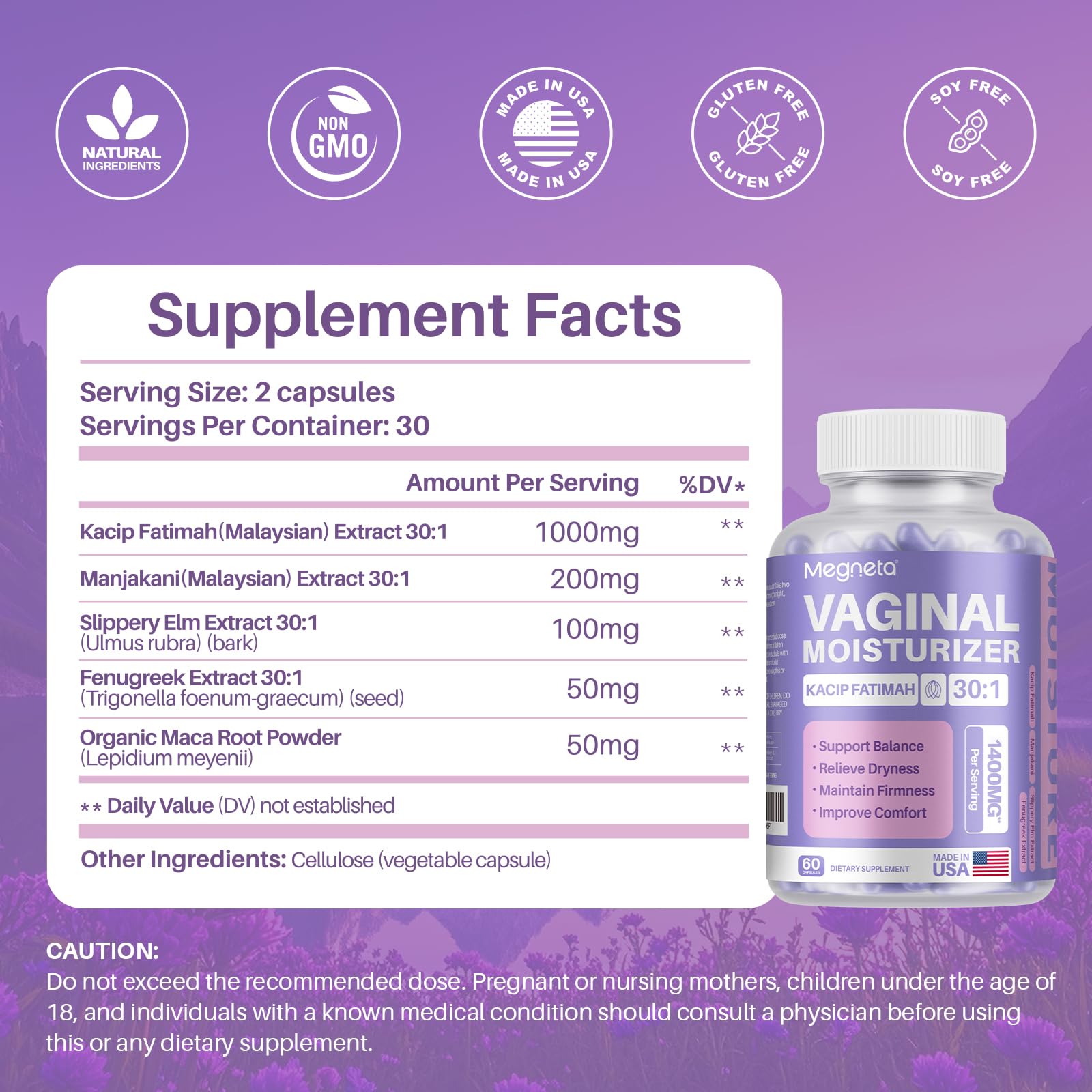 MEGNETA Vaginal Moisturizer, Kacip Fatimah 1,000mg & Manjakni 200mg for Female Intimate Health, Slippery Elm for Women, Vegan, 60 Capsules