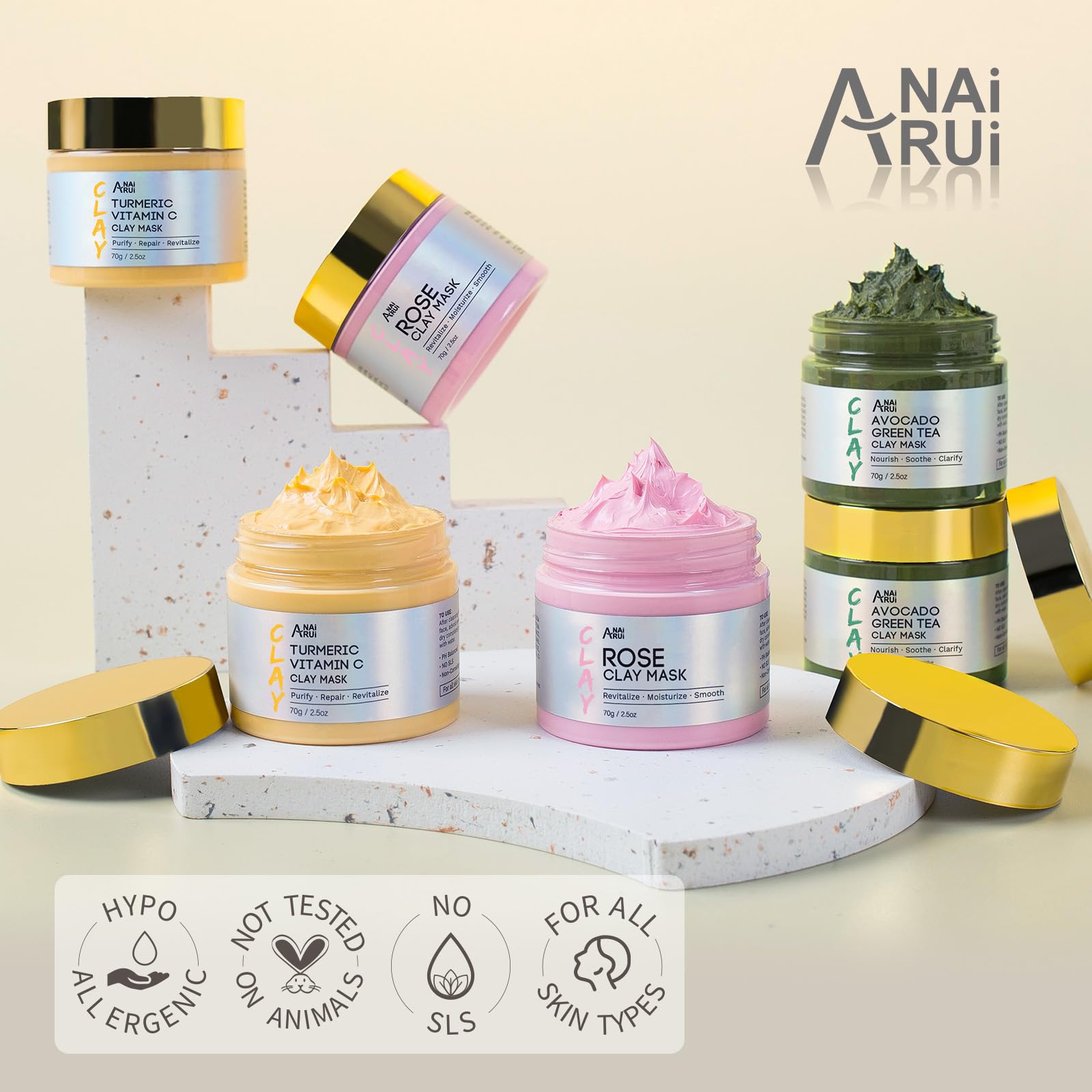 ANAI RUI 3 Pack Clay Mask Set Turmeric Vitamin C Clay Mask -Rose Facial Mask -Avocado Green Tea Mud Mask Smoothing, Hydration & Glow,Spa Gift Set