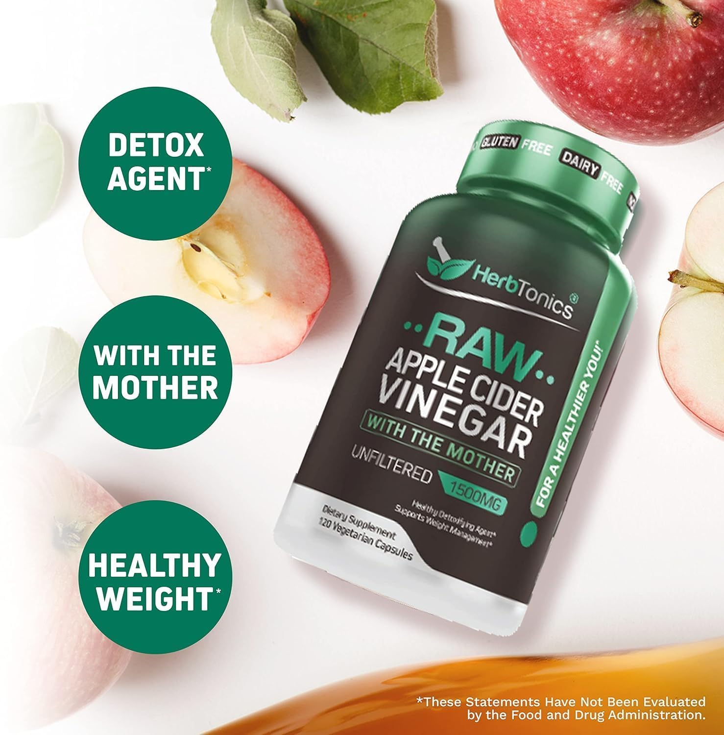 Herbtonics Raw Apple Cider Vinegar Capsules 1500mg with Mother | Detox & Digestion Formula | Unfiltered ACV for Metabolic Support | 120 Vegan Capsules