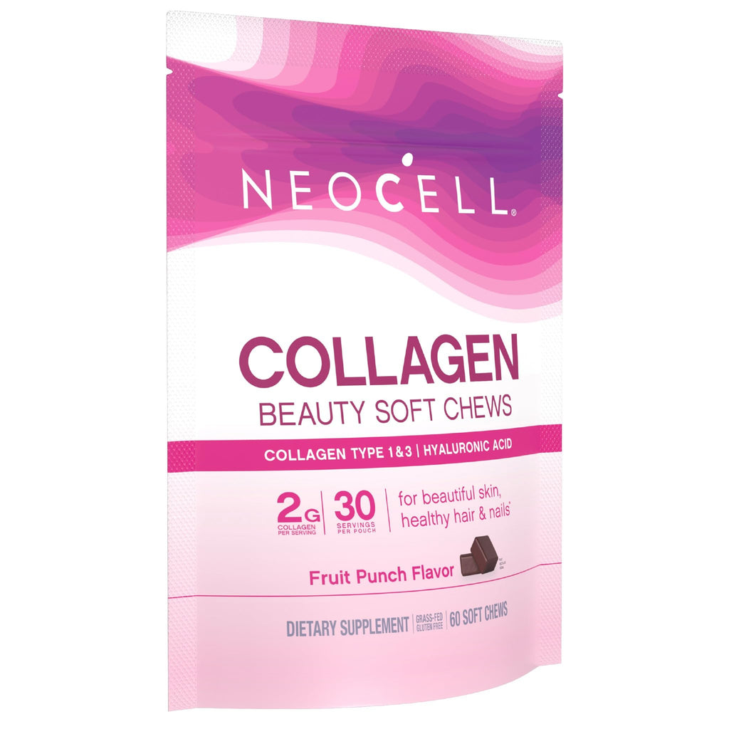 NeoCell Collagen Peptides Soft Chews | 60 Chewables | Beauty Bursts Supplement | with Hyaluronic Acid | Hair, Skin, & Nails | Fruit Punch Flavor
