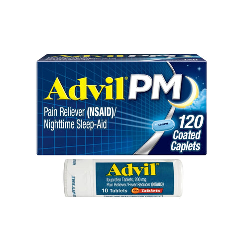 Advil PM Pain Reliever and Nighttime Sleep Aid, Ibuprofen for Pain Relief and Diphenhydramine Citrate for a Sleep Aid - 120 Coated Caplets and Pain Reliever and Fever Reducer, 10 Count Tablets AdvilBuy Supplements Australia