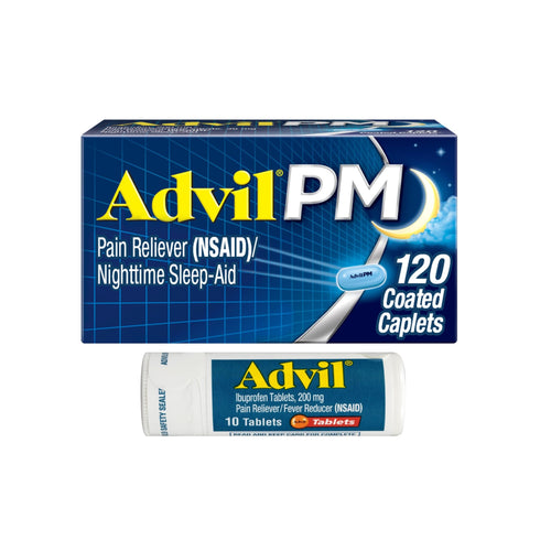 Advil PM Pain Reliever and Nighttime Sleep Aid, Ibuprofen for Pain Relief and Diphenhydramine Citrate for a Sleep Aid - 120 Coated Caplets and Pain Reliever and Fever Reducer, 10 Count Tablets Advil buy supplements Au
